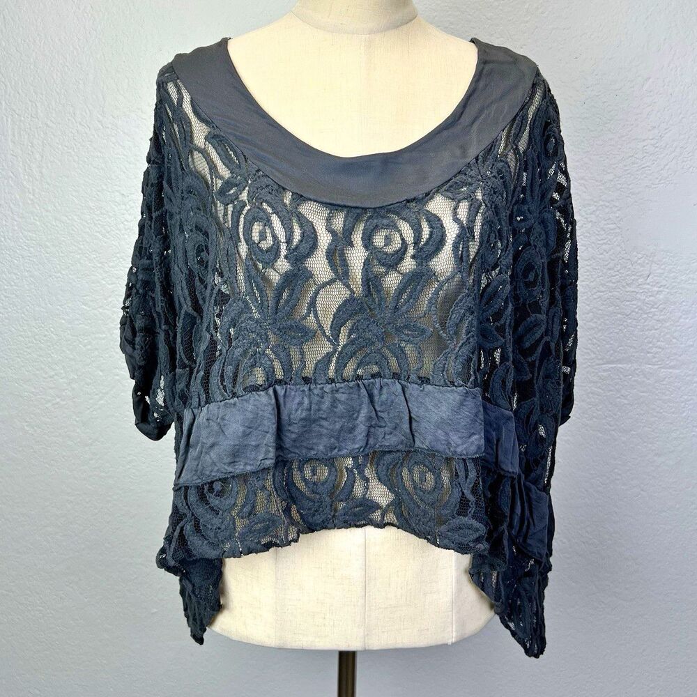 Obsession Women Gray Floral Lace Blouse Short Sleeve Scoop Neck Size XL